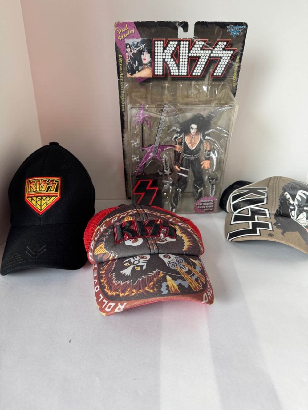 Kiss Multi-Style Caps with Kiss Action Figure - Black, Red, Tan, Cream